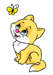 Happiness kitten looking butterfly illustration cartoon