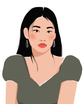 Portrait of a beautiful Asian girl in a green dress with large earrings. Modern gentle flat illustration. for a postcard, a poster for March 8. isolated layer by layer.