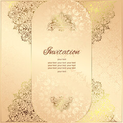 Vintage background mandala business card invitation with golden lace ornaments and art deco floral decorative elements
