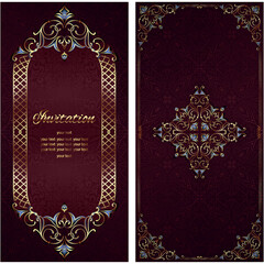 Vintage background mandala business card invitation with golden lace ornaments and art deco floral decorative elements
