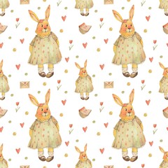 Valentines day watercolor illustration cute bunny heart flower seamless pattern on white background