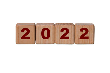 2022 - red numbers on wooden cubes isolated on a white background.