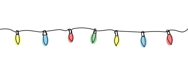 Retro electric colored Christmas garland one line art. Continuous line drawing of new year holidays, christmas, illumination, lighting, celebration, decoration.