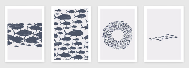 Set of artistic pattern with abstract fish.Vector illustration of abstract nature background
