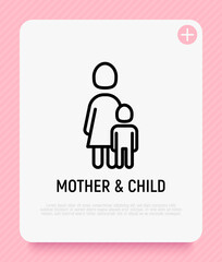 Single mother and child thin line icon. Modern vector illustration.