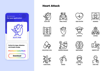 Heart attack symptoms thin line icons set: dizziness, dyspnea, cardiogram, panic attack, weakness, acute pain, cholesterol level, nausea, diabetes. Modern vector illustration.