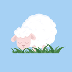 Sheep eating grass. Cute cartoon character vector illustration. Animal collection
