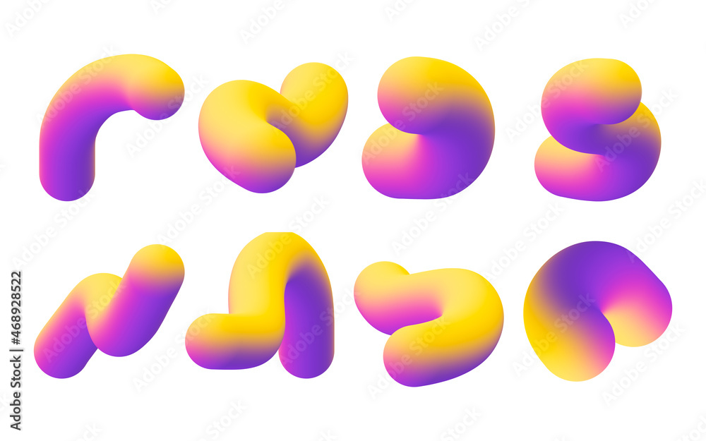 Wall mural set of 3d fluid amorphous in gradient multiple colors. abstract shapes illustration in yellow to pur