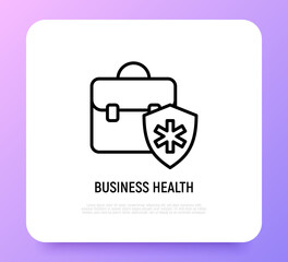 Medical insurance for employees thin line icon: briefcase with medical shield. Modern vector illustration.
