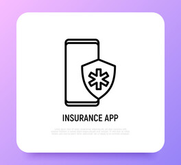 Medical insurance app on smartphone. Thin line icon. Modern vector illustration.