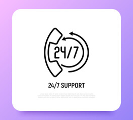 Support for 24 hour in day. Thin line icon: handset with arrows. Online assistance. Modern vector illustration.