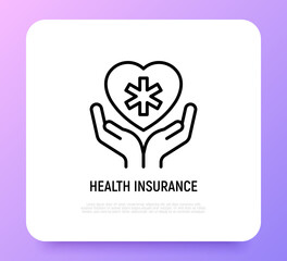 Health insurance thin line icon: hands holding heart with medical symbol. Modern vector illustration.
