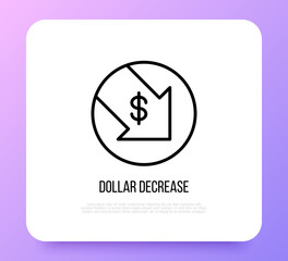 Dollar decreasing thin line icon: arrow symbol falling down. Rate cut, finance crisis, price reduction. Vector illustration.
