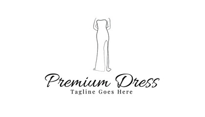 Dress logo design template element. Women fashion store brand identity. Feminine dress logo vector design. Aesthetic dress line art illustration. Minimal and modern fashion logo inspiration.