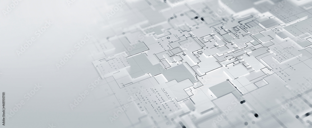 Aufkleber Digital technology innovation. Cyber impulse 3D illustration. Electron path, nanoplatform. Neural network, quantum processor. Plates, board, circuit. Big data, binary code, cross-platform programming