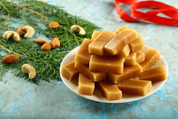 Plate of Indian milk cake known as Mysore pak.