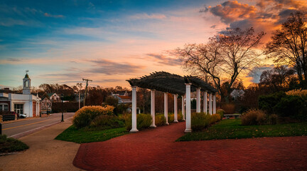 Plymouth Cityscape at twilight with the view of Brewster Garden Pergola and street architecture...