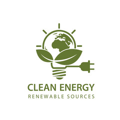 renewable energy icon with light bulb, earth and leaves isolated on white background