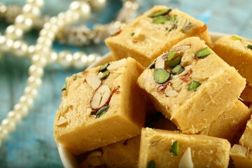 Traditional Indian sweets- homemade soan papdi. 