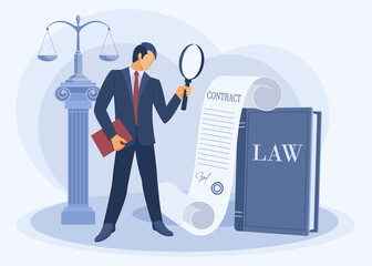 Male businessman lawyer in a suit with a magnifying glass in his hand examines the document contract. The concept of legal services and the work of an assistant consultant for business. Vector flat.