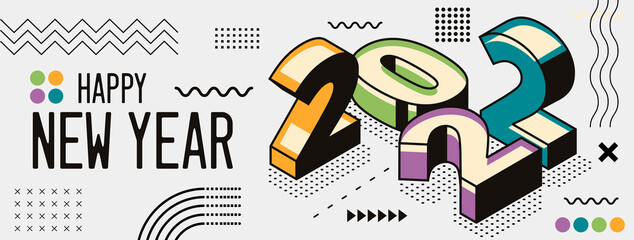 happy new year 2022 retro style cover with modern geometric abstract background with isometric. happy new year greeting card banner design for 2022 calligraphy. Yellow green blue Vector illustration