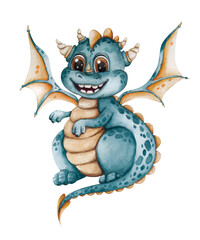 Watercolor dragon isolated on white background hand drawn illustration. Cute dinosaur character in children's style. watercolor illustration isolated on white background
