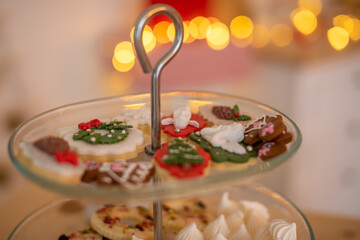 Christmas Cookies homemade on plate on decoration holidays light background