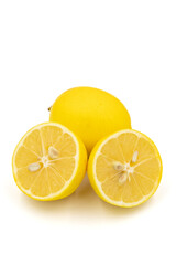 Organic lemon on a white background. Close-up of lemon cut in half. Story format