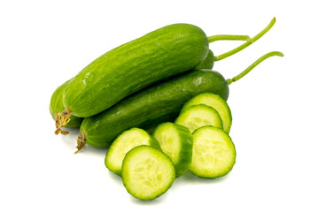 Ripe cucumbers on a white background. Close-up sliced cucumber.