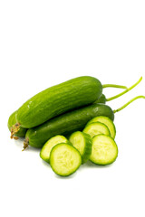 Ripe cucumbers on a white background. Close-up sliced cucumber. Story format