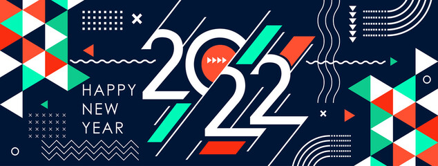 happy new year 2022 cover with modern geometric abstract background in retro style. happy new year greeting card banner design for 2022 calligraphy includes blue red green shapes. Vector illustration