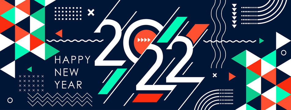happy new year 2022 cover with modern geometric abstract background in retro style. happy new year greeting card banner design for 2022 calligraphy includes blue red green shapes. Vector illustration