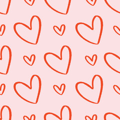 Pink and red hearts pattern repeat. Lovecore kitsch Valentines surface design background print. Pop art vector illustration. Fun and cute seamless repeat surface design for girls, kids and kitsch home