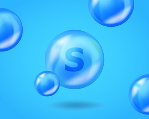 3D Mineral S drop pill capsule. Blue nutrition design for beauty, cosmetic, heath advertising. Realistic mineral S design