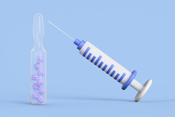 Glass ampoule of vaccine with coronaviruses inside near cartoon syringes on a blue background. Coronavirus vaccination concept. 3d render illustration.