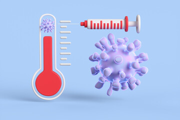 Abstract thermometer with coronavirus and syringe on a blue background. Coronavirus vaccination concept. 3d render illustration.