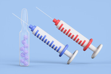 Glass ampoule of vaccine with coronaviruses inside near cartoon syringes on a blue background. Coronavirus vaccination concept. 3d render illustration.