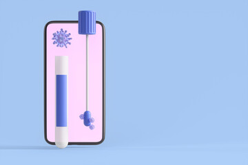 Smartphone near the ampoule of coronavirus covid-19 vaccine and PCR test. Vaccination concept. 3d rendering illustration