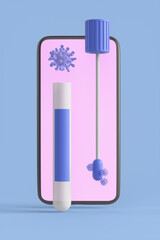 Smartphone near the ampoule of coronavirus covid-19 vaccine and PCR test. Vaccination concept. 3d rendering illustration