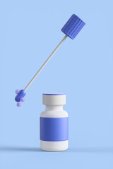 Coronavirus COVID-19 pcr test isolated on blue background. Blue ampoule with a swab stick in the nose. 3d rendering illustration.