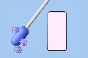 Smartphone near the ampoule of coronavirus covid-19 vaccine and PCR test. Vaccination concept. 3d rendering illustration
