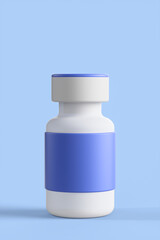 Close-up of a cartoon ampoule of coronavirus vaccine on a blue background. 3d rendering illustration