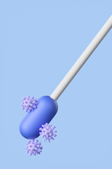 Coronavirus COVID-19 pcr test isolated on blue background. Blue ampoule with a swab stick in the nose. 3d rendering illustration.