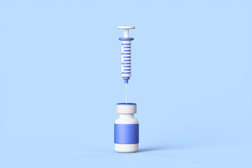 Close-up of a cartoon ampoule of coronavirus vaccine on a blue background. 3d rendering illustration