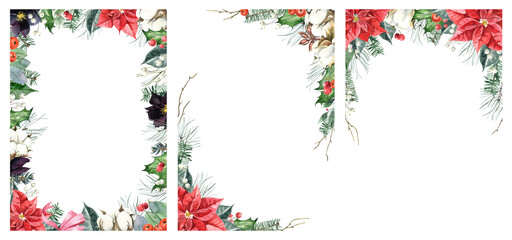Watercolor Christmas frames from coniferous branches, green leaves, poinsettia flowers, cotton flowers. To create festive cards, invitations, posters, business cards, wedding products
