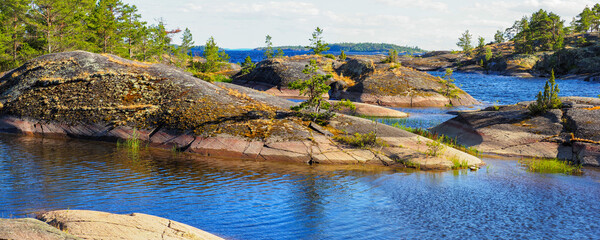 Ladoga lake skerries nature Park, Karelia, Russia. Island Honkasalo, beautiful wild natural view in summer day
