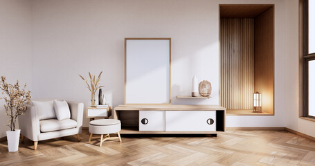 Obraz na płótnie Canvas Cabinet in Living room with tatami mat floor and sofa armchair design.3D rendering