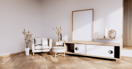 Cabinet in Living room with tatami mat floor and sofa armchair design.3D rendering