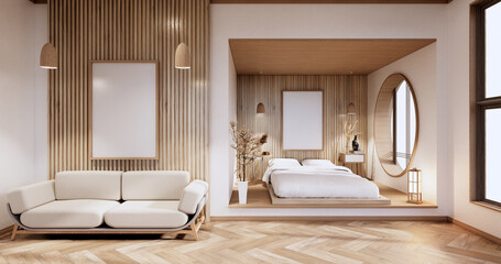 interior mock up with zen bed plant and decoartion in japanese bedroom. 3D rendering.