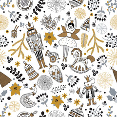 Obraz premium Nutcracker, christmas florals and snowflakes. For wrapping paper, fabric, stationary products decoration.